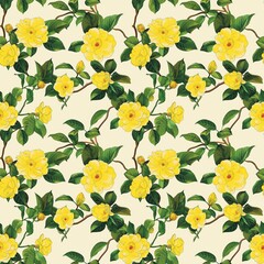 Camellia flower, yellow, warbler, green-yellow, camellia leaf, fabric pattern, very beautiful seamless, handicrafts, textiles, fashionable background tiles 