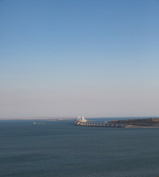 View of the Crimean bridge from Mount Mitridat in Kerch in summer