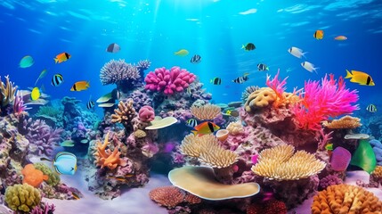 Naklejka na ściany i meble Exploring vibrant coral reefs reveals a kaleidoscope of colorful marine life, showcasing the diverse beauty of the underwater ecosystem. 