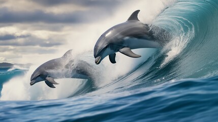Dolphins, embodying marine joy, playfully surf ocean waves, showcasing their innate grace and creating a delightful spectacle in the sea.
 - obrazy, fototapety, plakaty