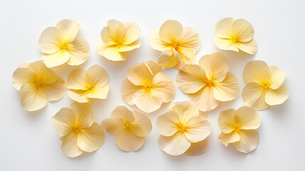 elegant collection of soft yellow flower petals isolated on white, generative ai