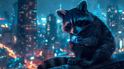 A raccoon wearing a mischievous mask and holding a shiny gem. with its paws poised - obrazy, fototapety, plakaty