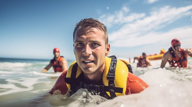 At the beach, a diligent lifeguard executes a water rescue drill, honing skills to ensure safety for swimmers and beachgoers.
