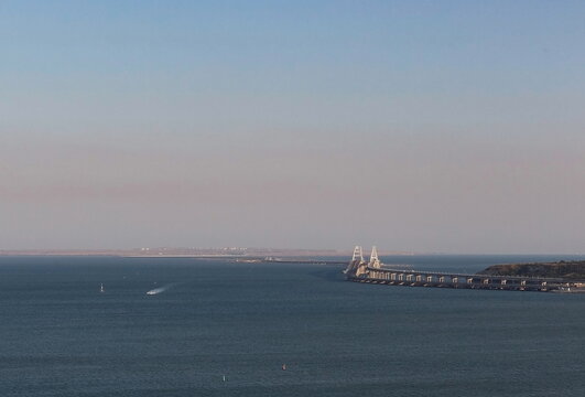 View of the Crimean bridge from Mount Mitridat in Kerch in summer