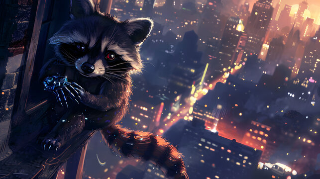 A raccoon wearing a mischievous mask and holding a shiny gem. with its paws poised