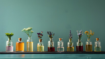 A range of glass vials filled with various essential oils. including lavender and eucalyptus