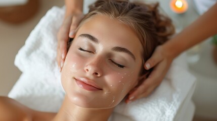 Tranquil Spa Experience, Therapist's Soothing Head Massage for Relaxed Woman