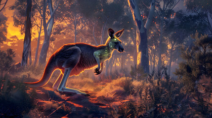 A red kangaroo with glowing green and yellow patches hopping in the vast outback. surrounded by eucalyptus trees illuminated from afar.