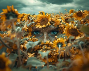 Creepy eyes in a patch of endearing sunflowers, watching the world go by