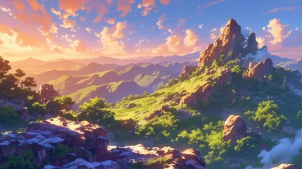Poster Enjoy the picturesque mountain scenery at sunset featuring a rocky terrain overlooking a lush green valley scattered hills unique rock formations and a captivating sky adorned with vibrant  © AkuAku