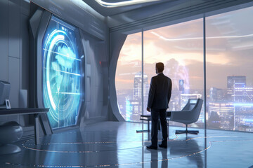 Corporate Executive Overlooking City Skyline from Futuristic Office with Holographic Display