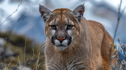 Obraz premium Intrepid Stare, Puma Amidst Snowy Mountain Peaks