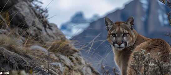 Intrepid Stare, Puma Amidst Snowy Mountain Peaks