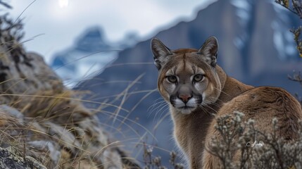 Naklejka premium Intrepid Stare, Puma Amidst Snowy Mountain Peaks