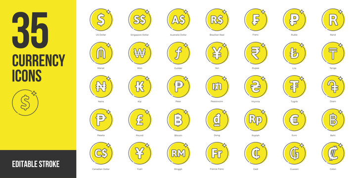 Popular currency symbol icon set in line style. Including usd, euro, yen, pound, franc, rupee, yuan, krona, baht, peso, ringgit, won, real, lira, rand, dinar.