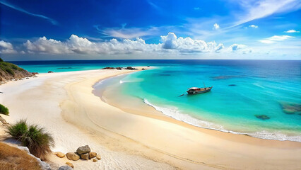 Tropical island with white sand beach and clouds in the blue sky - obrazy, fototapety, plakaty