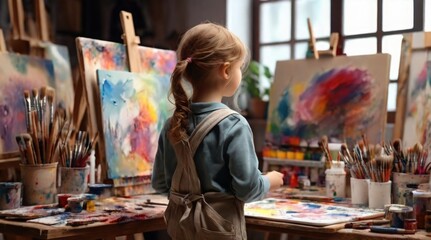 An art studio with a child artist surrounded by canvases, paints and creative tools. generative ai


