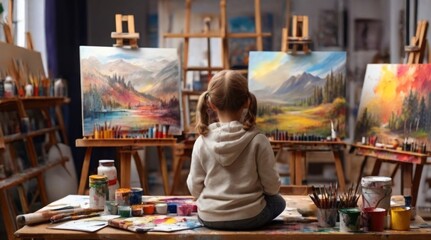 An art studio with a child artist surrounded by canvases, paints and creative tools. generative ai


