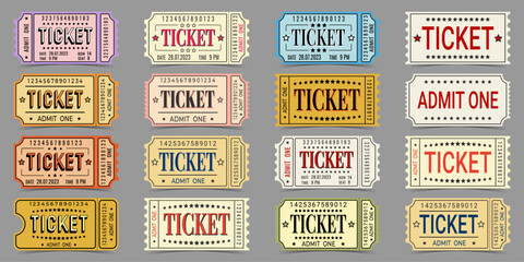 Set of retro admit one ticket to cinema, exhibition, museum, festival, theater isolated on gray background, with shadow, vector.