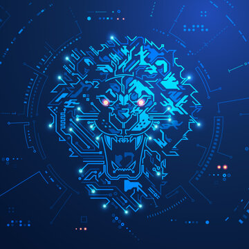concept of advance technology or cyber security, graphic of lion face combine with electronic pattern and futuristic element