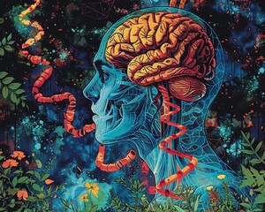 Detailed wallpaper showcasing biological inheritance with images of a brain, nervous system, and spiraling DNA, emphasizing genetic science - obrazy, fototapety, plakaty