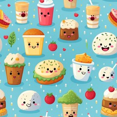 Capture hearts and appetites alike with seamless patterns featuring adorable 3D cartoon food characters against pastel and rich backgrounds