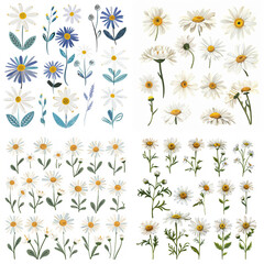 collection of scandinavian flowers in flat design, minimalist, whimsical and simple illustration aesthetic, The perspective should be scaled to include all extremities, set against a white background