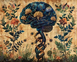 Detailed wallpaper showcasing biological inheritance with images of a brain, nervous system, and spiraling DNA, emphasizing genetic science - obrazy, fototapety, plakaty