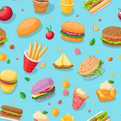 Indulge in playful creativity with seamless patterns featuring charming 3D cartoon food illustrations against pastel and bold backgrounds