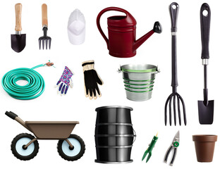 Gardening tools on white background, Equipment for gardening, set of icons, symbols. Objects isolated.