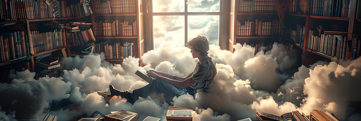 A man sits in a room with a book and the sky is blue and the clouds are floating above him. - obrazy, fototapety, plakaty