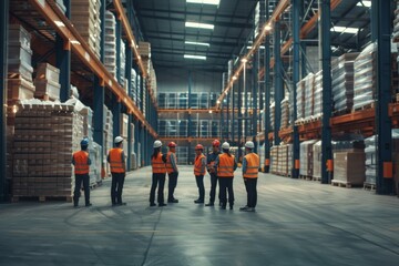 Team of warehouse workers in safety vests engaging in a group discussion inside a large distribution center