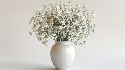 A white vase with white flowers in it