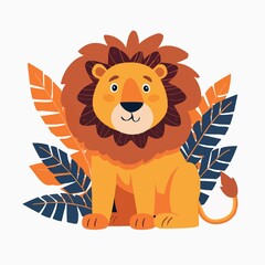 Obraz premium a cartoon lion sitting among leaves and plants