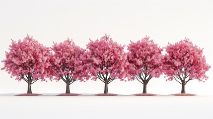 Obraz premium A row of five pink trees are lined up on a white background
