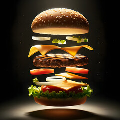 Illustration burger artistique avec ingrédients éclatés pour affiches, publicité ou menu de restaurant - obrazy, fototapety, plakaty