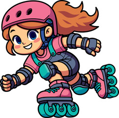 girl in a helmet and knee pads skates on roller skates.