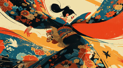 A woman in a kimono is dancing in the air