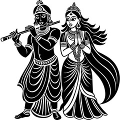 Hindu god Krishna with flute with Radha on an isolated white background