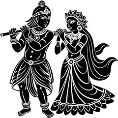 Hindu god Krishna with flute with Radha on an isolated white background