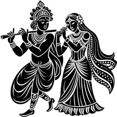 Hindu god Krishna with flute with Radha on an isolated white background