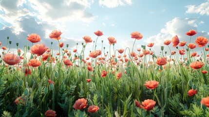 A field of red flowers with a blue sky in the background