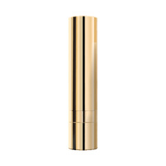 Golden lipstick tube template, vector mockup. 3d realistic packaging, opened and closed with cap. Decorative cosmetic product for beautiful lip. Vector illustration isolated on white