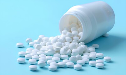 White tablets pill spilled out from white plastic bottle container. Pharmaceutical industry. Pharmacy product. Global healthcare. Drug use in hospital or drugstore. Health budget. generative AI