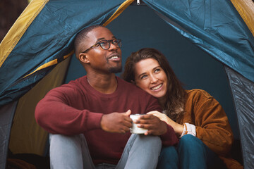 Camping, nature and couple embrace in tent with morning drink, happy vacation or romantic date. Relax, man and woman bonding together on holiday with coffee, hug and calm outdoor adventure in woods.