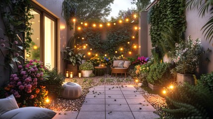 A garden path with a white stone walkway and a white bench