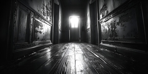 Open door dark mysterious style corridor with aging walls overhead light exuding atmosphere suspense mystery dark room shimmering  - obrazy, fototapety, plakaty