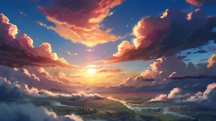 Anime fantasy wallpaper background concept : Mountain Sky: Sunset and Sunrise Colors in Nature's Evening Light, generative ai