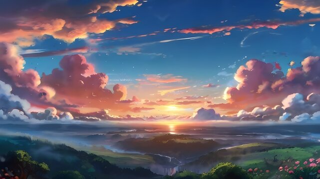 Anime fantasy wallpaper background concept : Dramatic orange and red sunset paints the sky over majestic mountains, generative ai