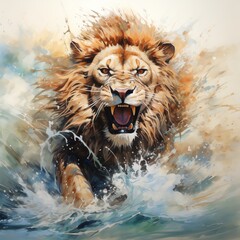 A watercolor painting of a lion emerging from the water, with a majestic expression and a golden-brown mane.